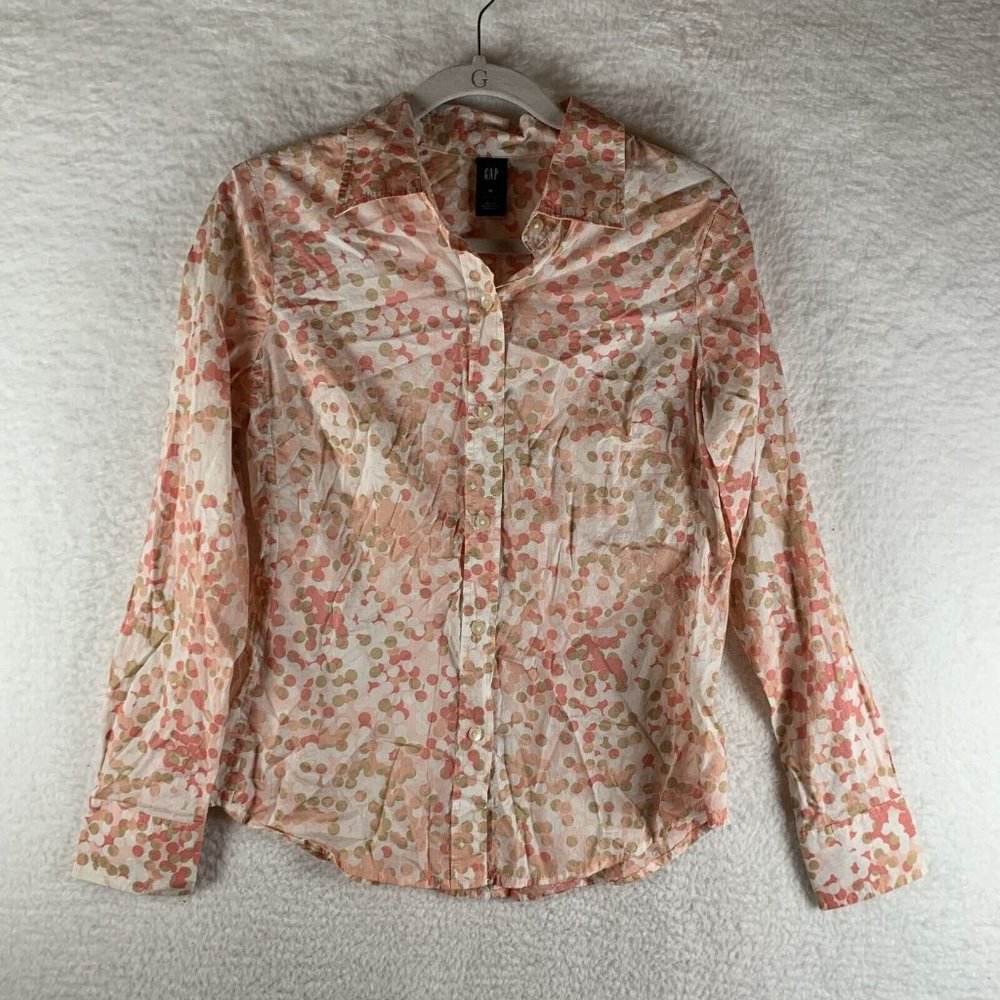 Gap Shirt Women's Medium Pink Polka Dot 100% Cotton Long Sleeve‎ Button Up 7924
